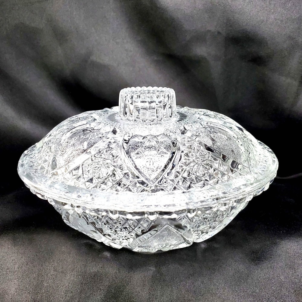 Vintage KIG Clear Glass Embossed Hearts & Fleur De Lis Candy Dish  7"